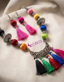 Boho Tassel Handmade Silk Thread Ball Necklace with Oxidized Crescent Pendant and Earring Set